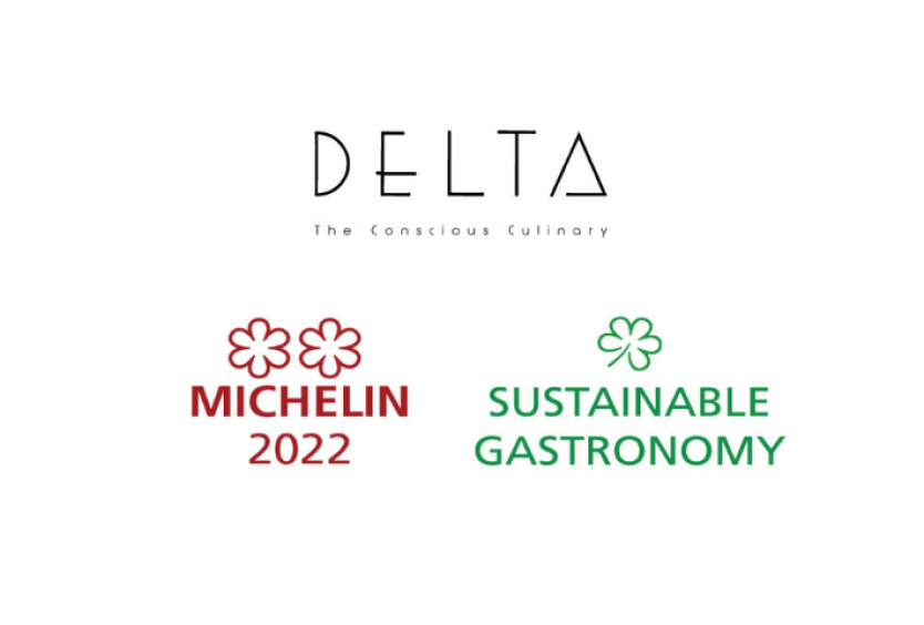 Εικαστικό με τυπογραφία με τα λογότυπα του Delta Restaurant και τα αστέρια Mchelin