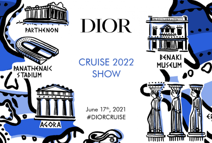 εικαστικό του Dior που απεικονίζει διάφορα τοπόσημα της Ελλάδας