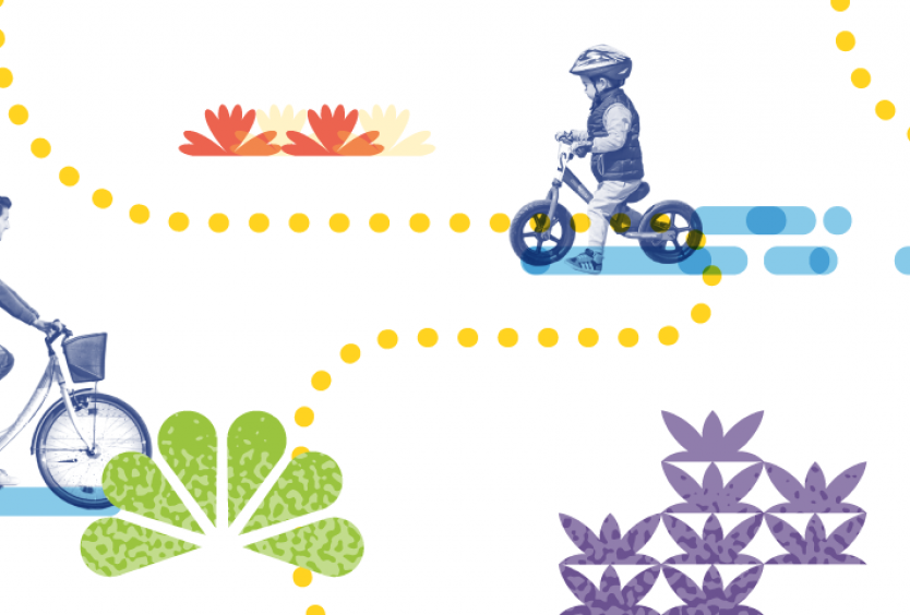 εικαστικό με παιδί που ποδηλατεί φορώντας κράνος και διάφορα πολύ χρωμα φυτά