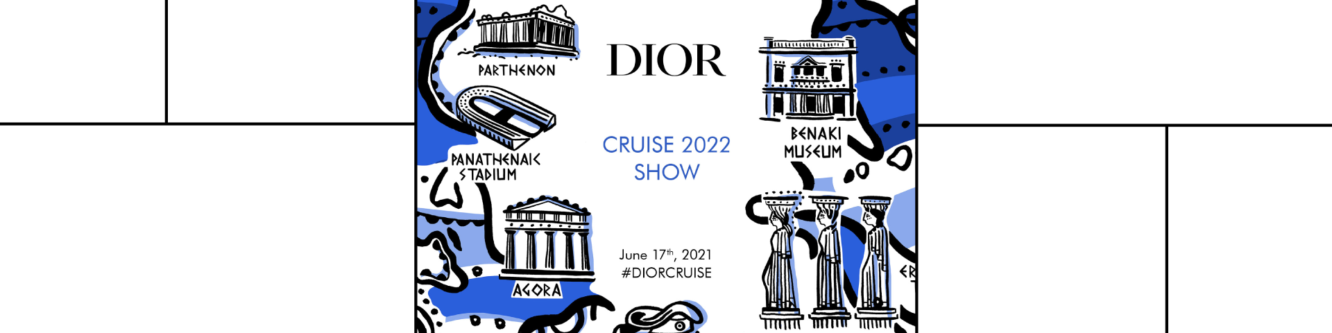 εικαστικό του Dior που απεικονίζει διάφορα τοπόσημα της Ελλάδας