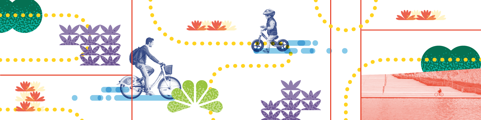 εικαστικό με παιδί που ποδηλατεί φορώντας κράνος και διάφορα πολύ χρωμα φυτά